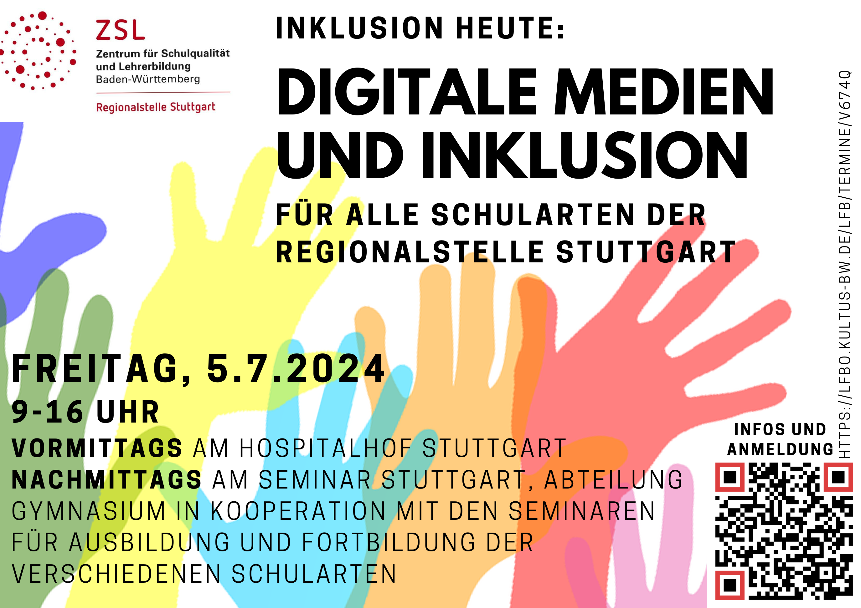 Flyer des Inklusionstags "Inklusion heute" mit Anmeldeinformation, ZSL-Logo und bunten Händen