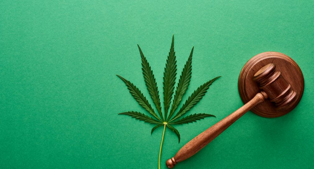 Symbolbild für Cannabis-Rechtsprechung: Cannabis-Blatt und Richterhammer
